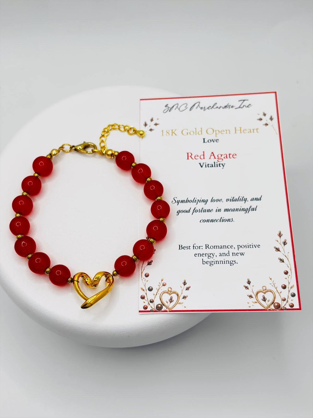 18K Gold Open Heart Red Agate Bracelet (Electroform Heart)
