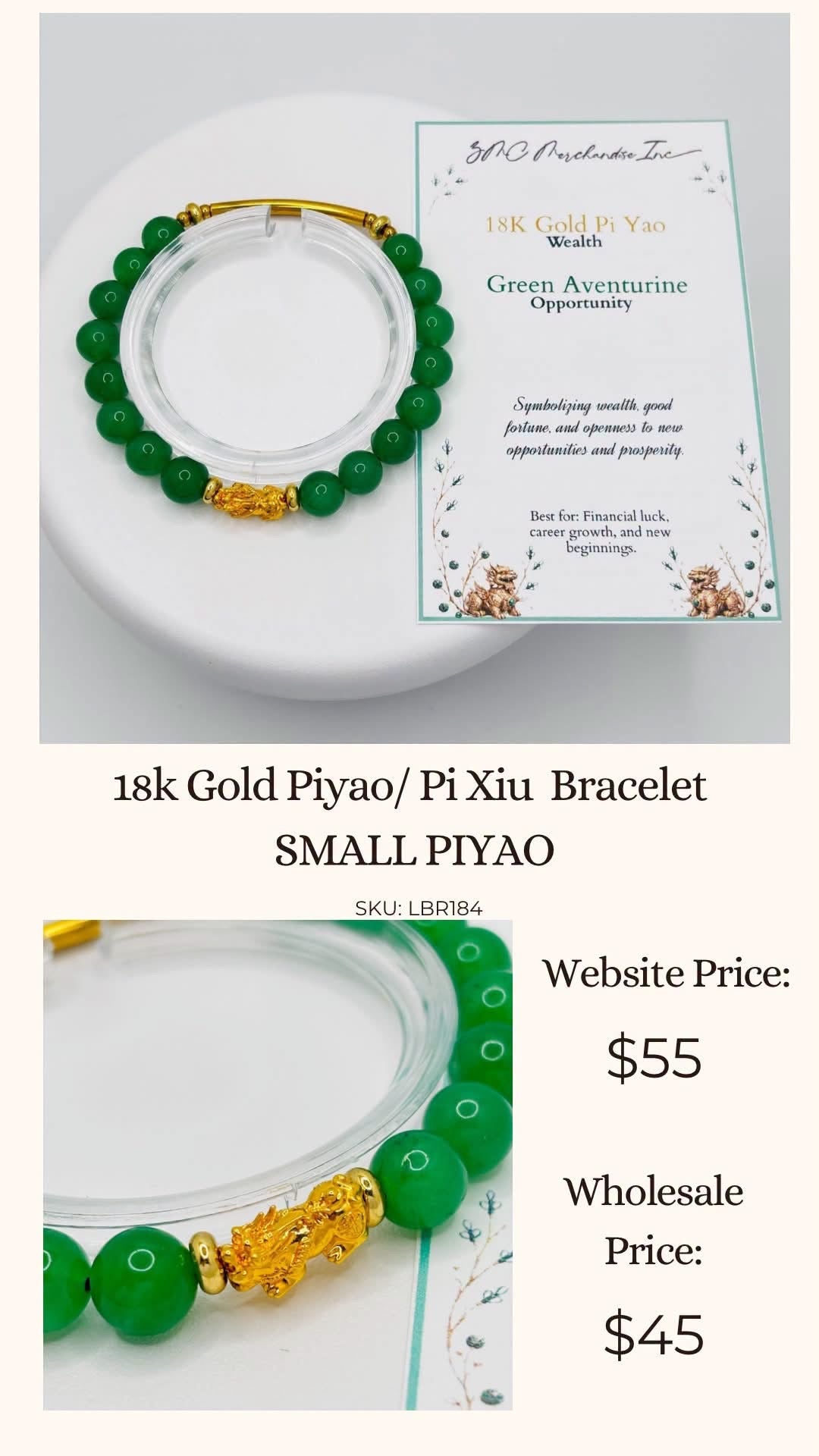 18K Gold Lucky Piyao/ Pi Xiu Aventurine Bracelet ( Hollow Empty Inside) SMALL PIYAO