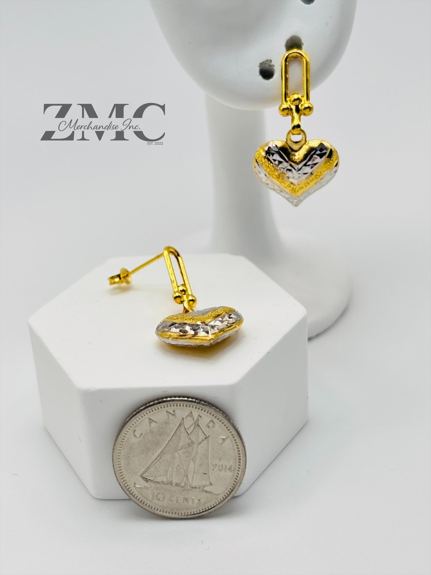 18K Gold Heart Dangling Two-tone Earrings