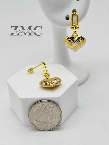 18K Gold Heart Dangling Two-tone Earrings