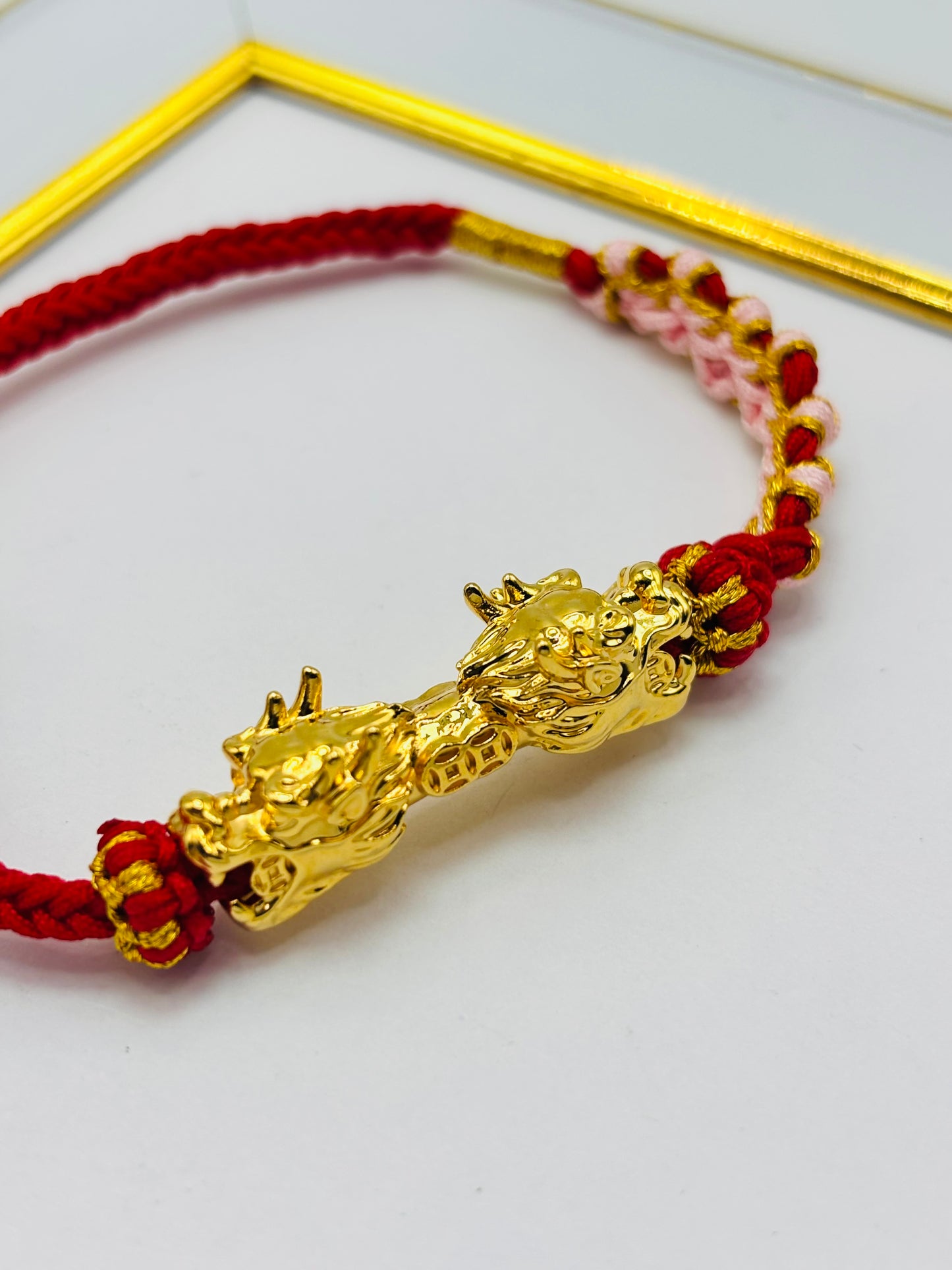 18K Gold Lucky Dragon Bracelet Red String( Hollow Empty Inside) XXL