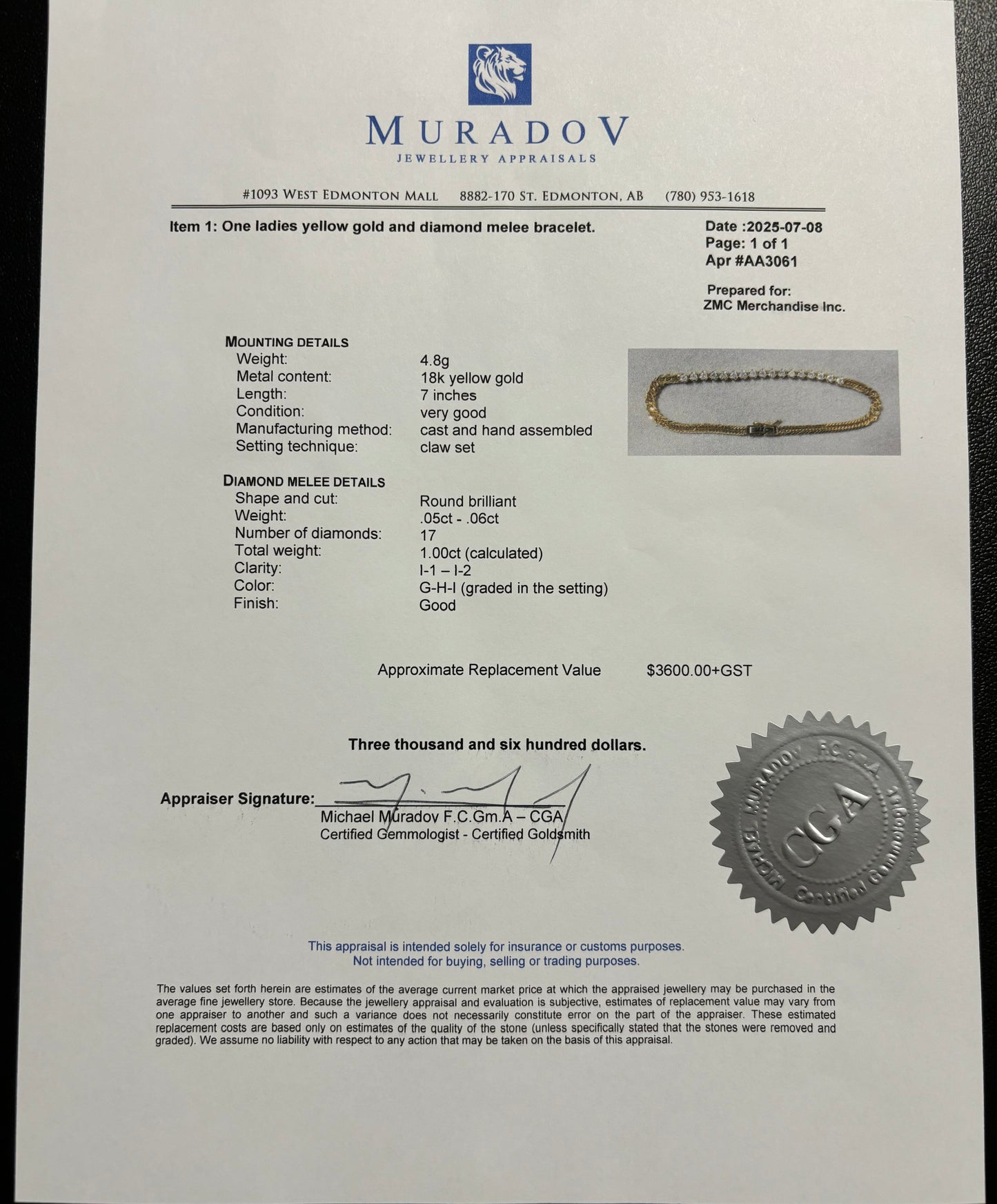 K18 Japan Kihei 1.00ct Natural Diamond Bracelet with Jewelry Appraisal Paper