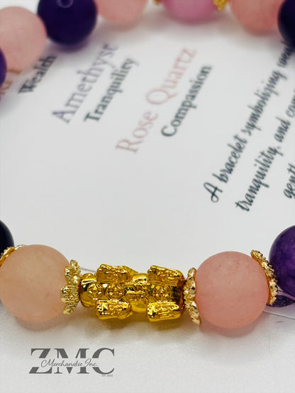 18K Gold Lucky Piyao/ Pi Xiu Rose Quartz, Amethyst Bracelet ( Hollow Empty Inside) Small