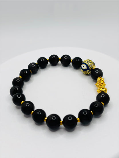 18K Gold Lucky Piyao/ Pi Xiu Gold Sheen Obsidian Evil Eye Bracelet ( Hollow Empty Inside) Small