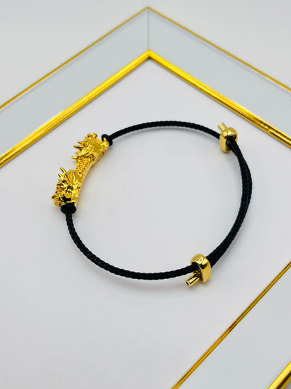 18K Gold  Lucky Dragon Bracelet  ( Hollow Empty Inside) Black Rope XXL