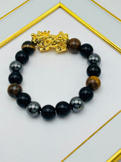 18K Gold  Lucky Piyao/ Pi Xiu Bracelet Tiger Eye ( Hollow Empty Inside) XXL