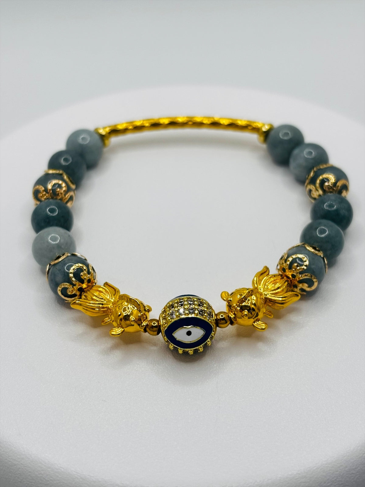 18K Gold Lucky Double Koi Fish Burmese Green Jasper Bracelet  ( Hollow Empty Inside)
