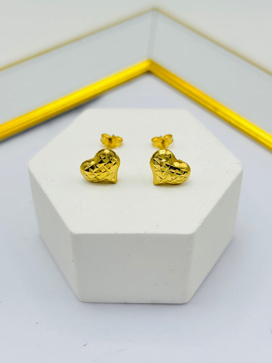 18K Gold Diamond Cut Heart Earrings