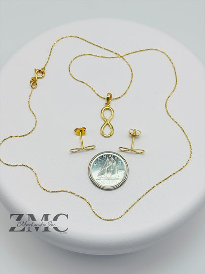18K Gold Infinity Earrings and Necklace Set