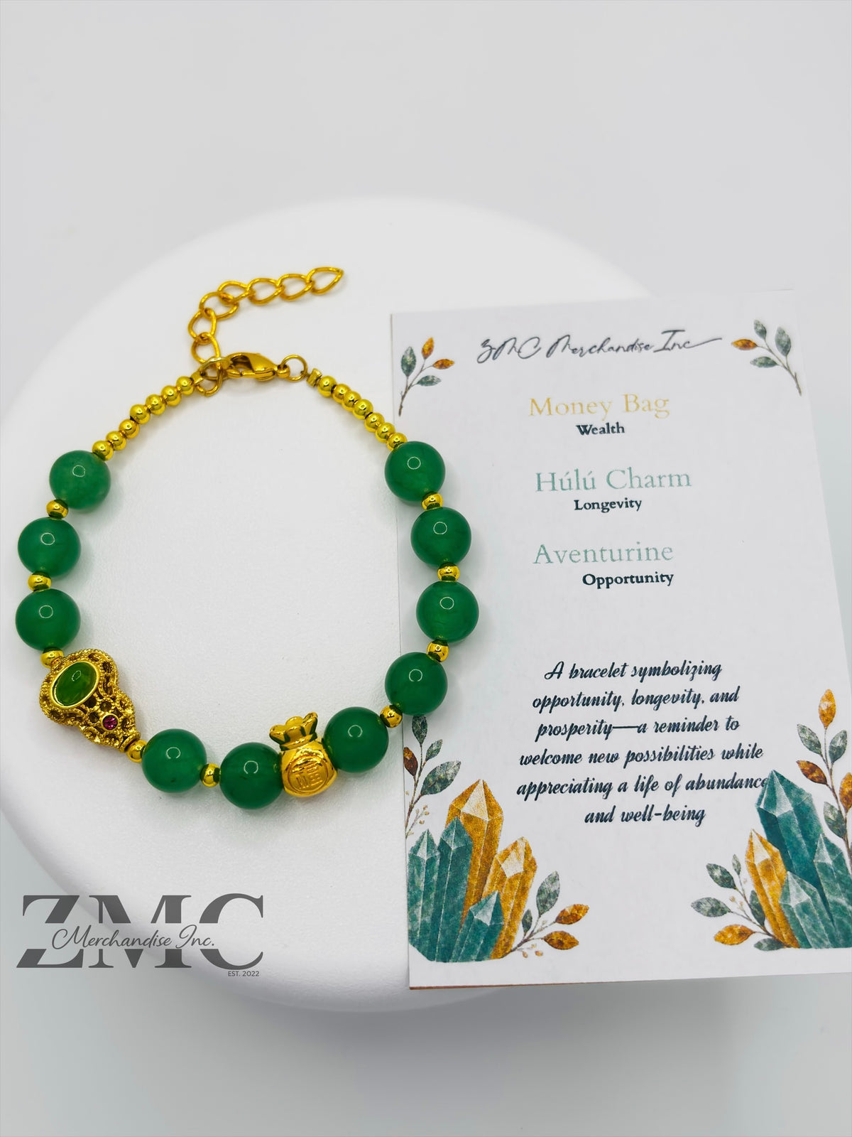 18K Gold  Lucky Money Bag, Hulu Aventurine Stone  ( Hollow Empty Inside)
