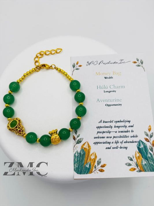 18K Gold  Lucky Money Bag, Hulu Aventurine Bracelet  ( Hollow Empty Inside)