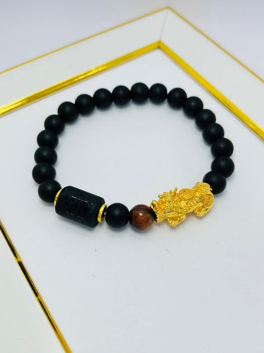 18K Gold  Lucky Piyao/ Pi Xiu Black Stone with Taurus Zodiac Sign Barrel ( Hollow Empty Inside) Extra Large Size