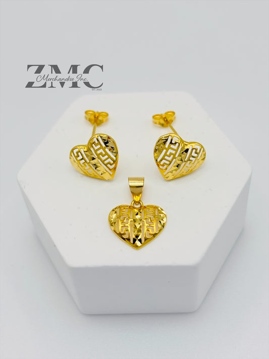 18K Gold Heart Earrings and Pendant Set