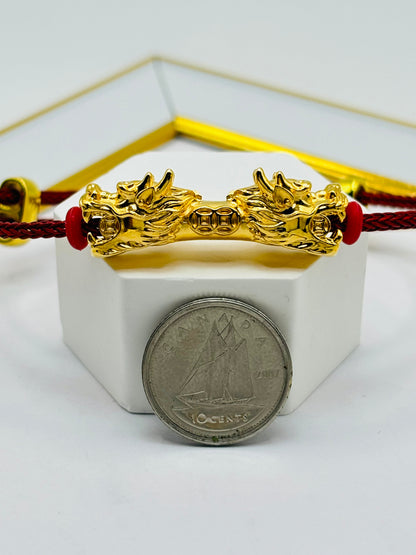 18K Gold  Lucky Dragon Bracelet  ( Hollow Empty Inside) Red Rope XXL
