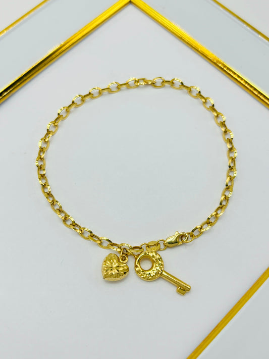 18K Gold with Heart & key Charm Bracelet
