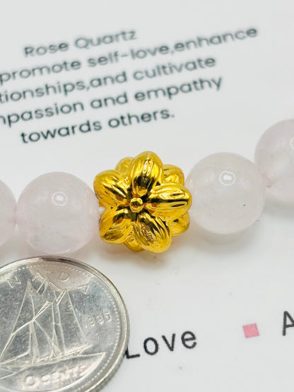 18K Gold Lucky Lotus Flower Bracelet Rose Quartz Stone ( Hollow Empty Inside)