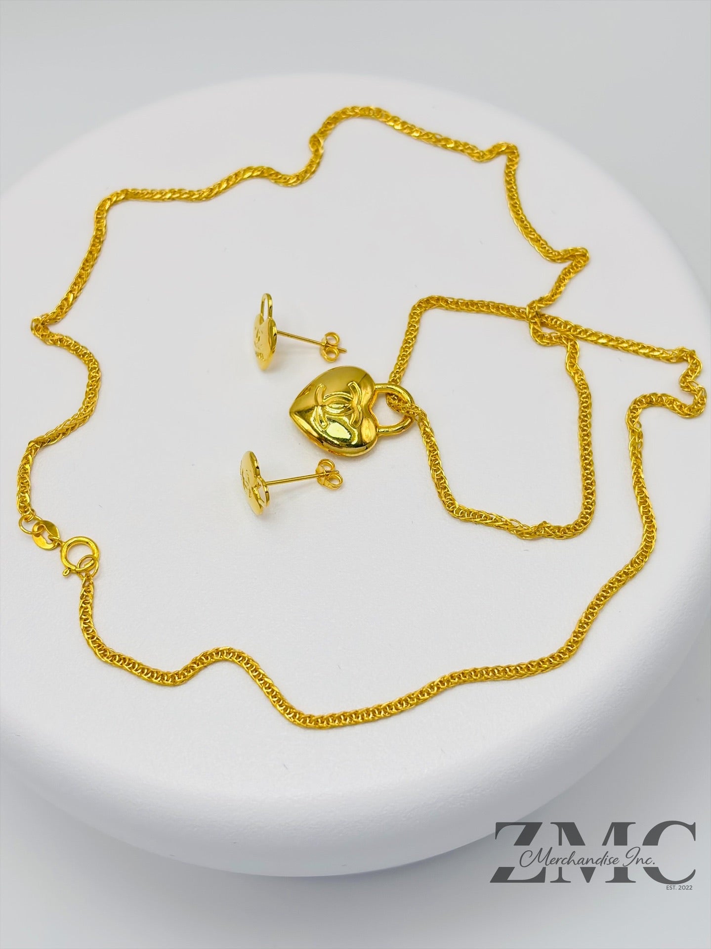 18K Gold C Heart Earrings and Necklace Set