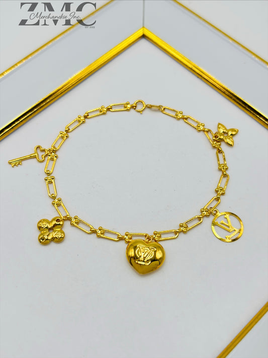 18K Gold Flat Hardware Heart, Flower Charm Bracelet