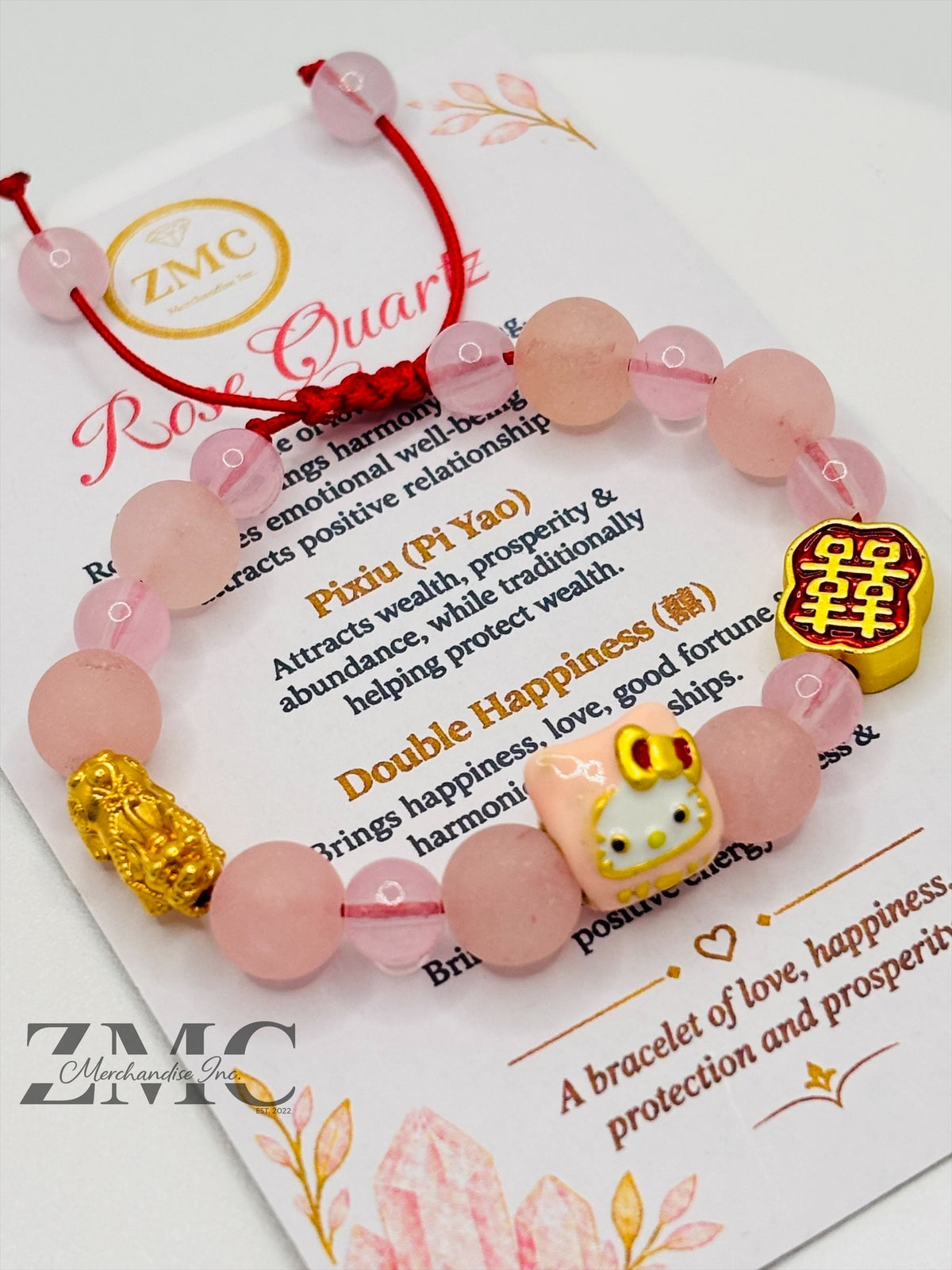 18K Gold  Lucky Piyao/ Pi Xiu Rose Quartz Matte Stone HK Kids Bracelet  ( Hollow Empty Inside) Small