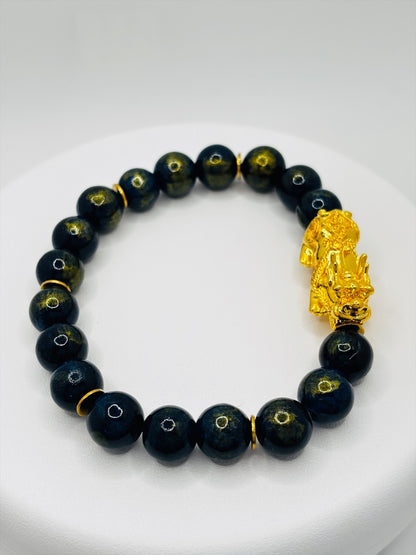 18K Gold Lucky Piyao/ Pi Xiu Dark Blue/Gold Jasper Bracelet( Hollow Empty Inside) XXL PIYAO