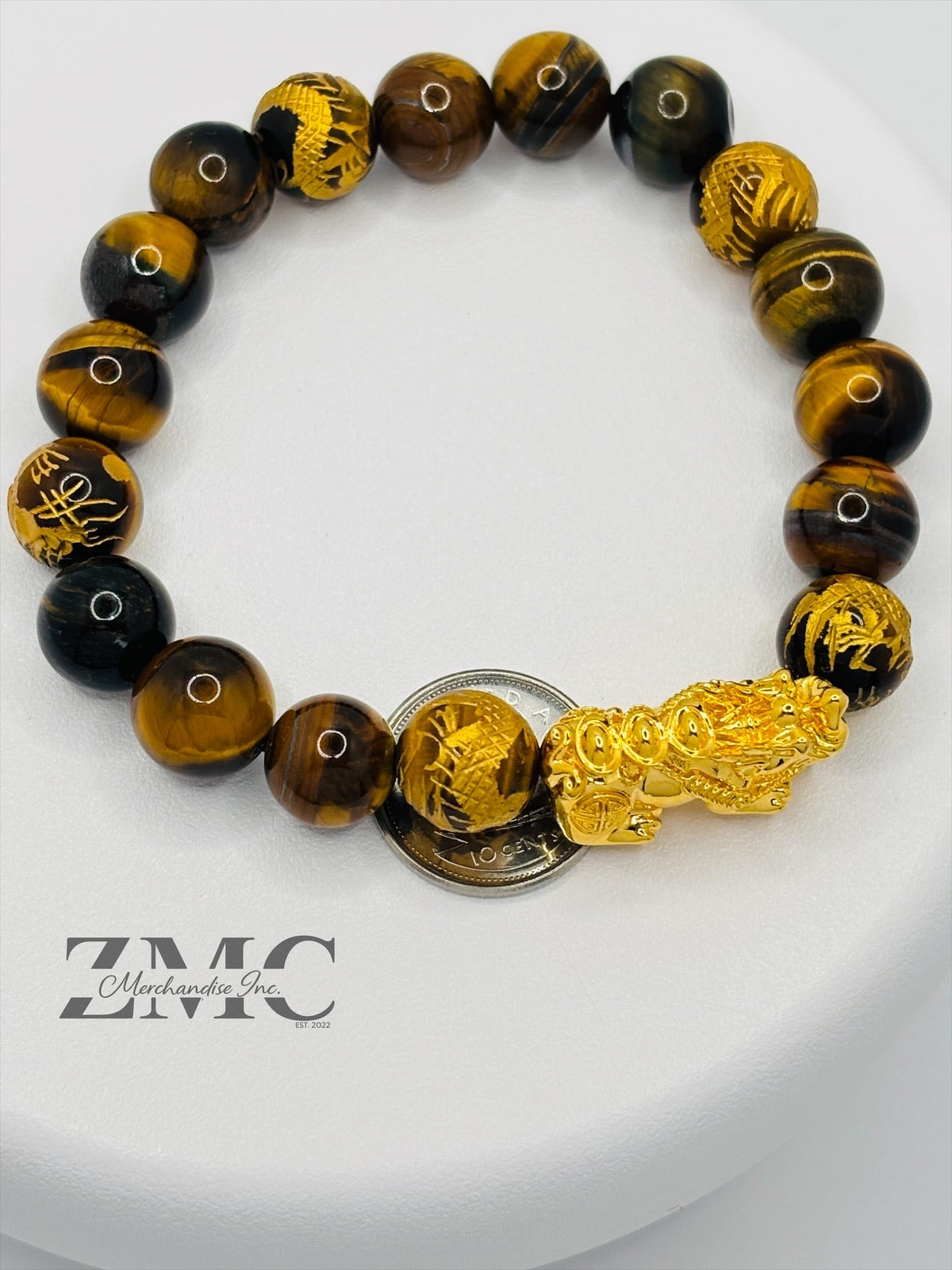 18K Gold Lucky Piyao/ Pi Xiu  Bracelet Tiger Eye Dragon Stone( Hollow Empty Inside) Extra Large Glossy