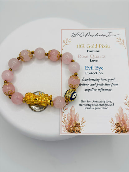 18K Gold Lucky Piyao/ Pi Xiu Rose Quartz Bracelet( Hollow Empty Inside) Extra Large