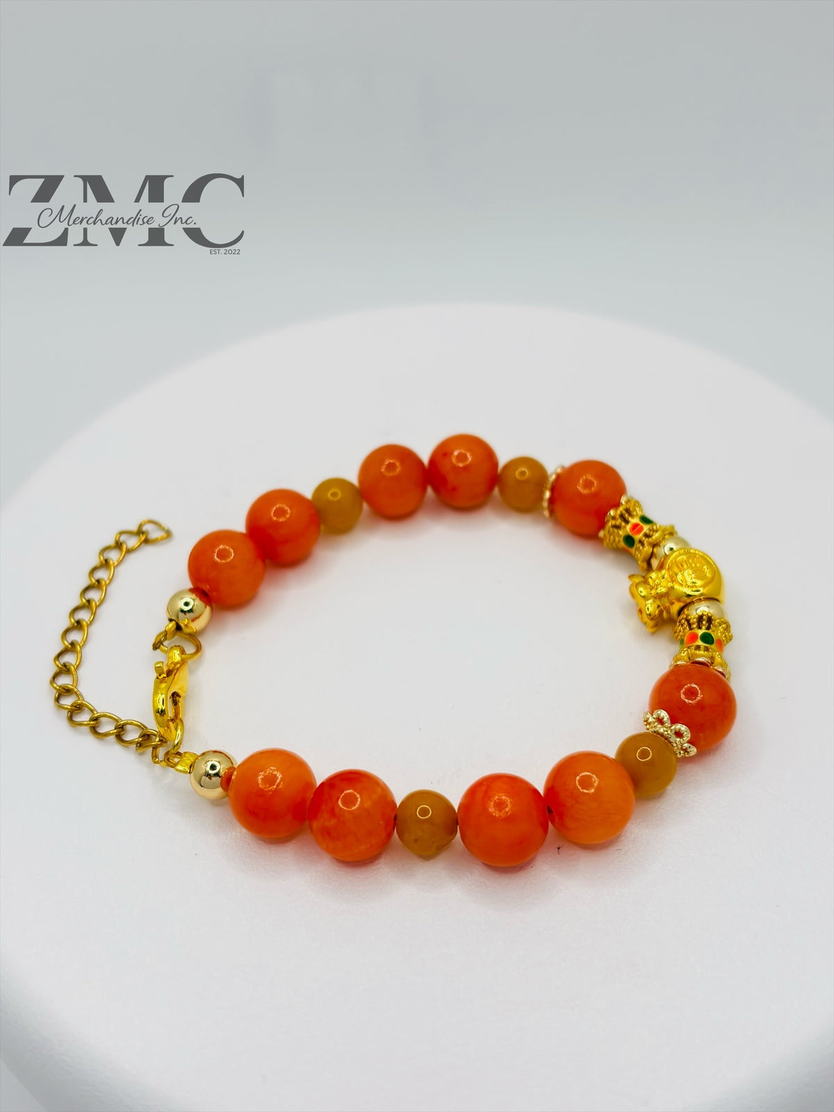 18K Gold  Lucky Money Bag Orange Chalcedony Bracelet  ( Hollow Empty Inside)
