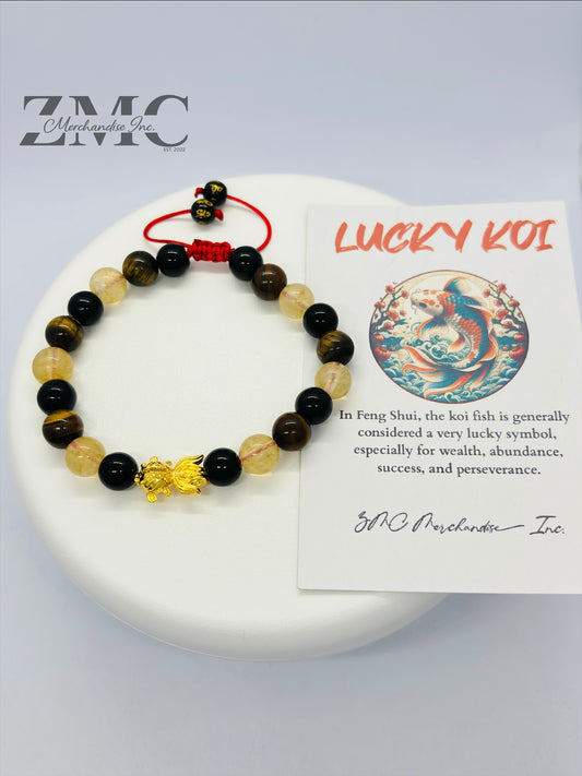 18K Gold Lucky Koi Fish Bracelet Citrine, Onyx, & Tiger Eye Stone ( Hollow Empty Inside)