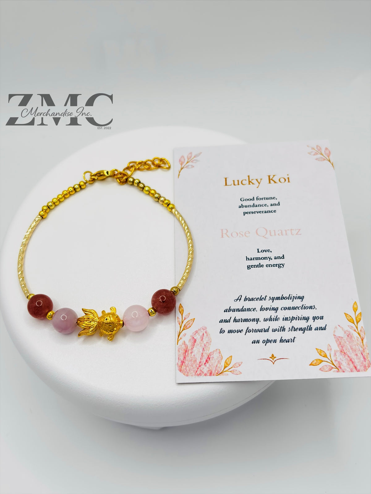 18K Gold Lucky Koi Fish Bracelet Rose Quartz Stone ( Hollow Empty Inside)