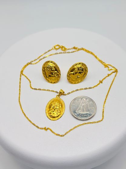 18K Gold Cameo Earrings and Necklace Set