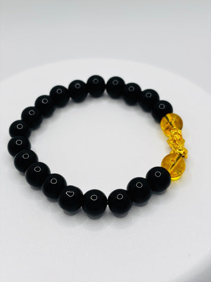 18K Gold Lucky Piyao/ Pi Xiu Citrine Black Obsidian Bracelet ( Hollow Empty Inside) Small