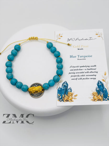 18K Gold Lucky Piyao/ Pi Xiu Blue Turquoise Bracelet ( Hollow Empty Inside) Medium