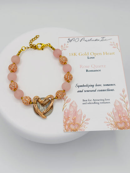 18K Rose Gold Open Heart Rose Quartz Bracelet (Electroform Heart)