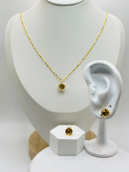 18K Gold Dancing Chain with K18 Japan Gold Natural Citrine Earrings and Pendant Set