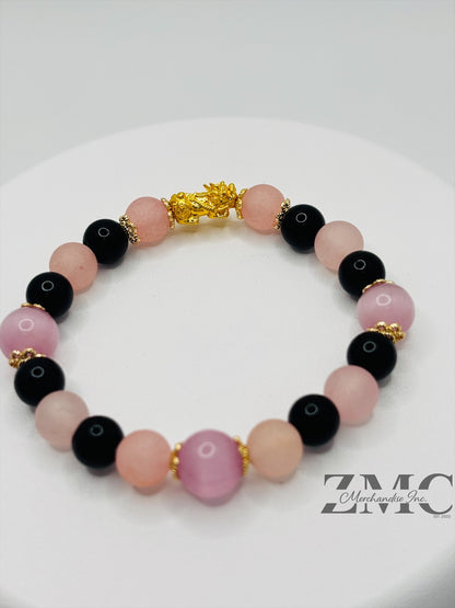 18K Gold Lucky Piyao/ Pi Xiu  Rose Quartz, Onyx Bracelet ( Hollow Empty Inside) Small