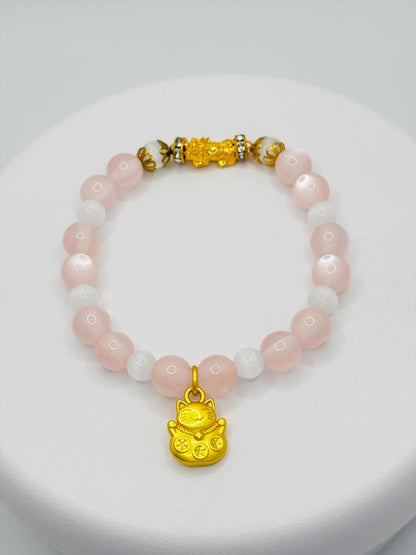18K Gold Lucky Piyao/ Pi Xiu Rose, White Quartz Bracelet ( Hollow Empty Inside) SMALL PIYAO