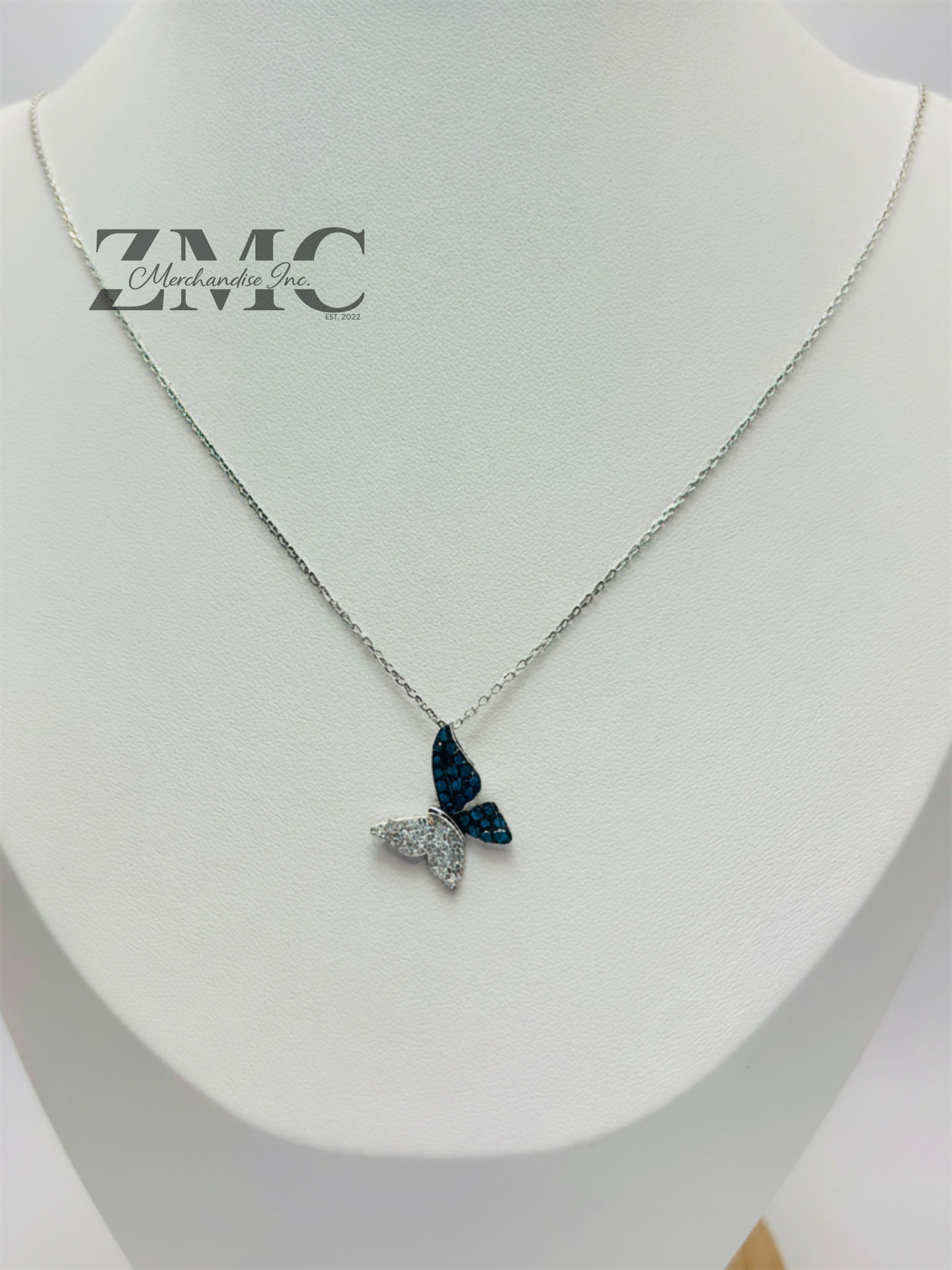 K18 White Gold Butterfly 0.50ct Natural Blue/White Diamonds Necklace