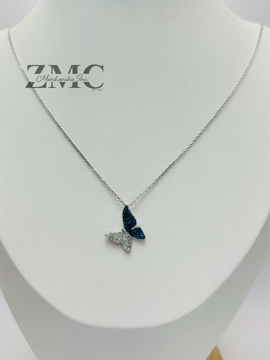 K18 White Gold Butterfly 0.50ct Natural Blue/White Diamonds Necklace