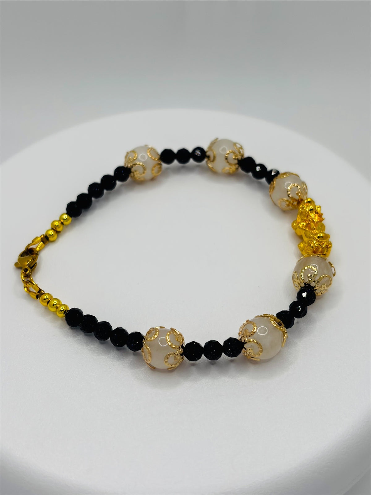 18K Gold Lucky Piyao/ Pi Xiu White Quartz, Lapis Lazuli Bracelet ( Hollow Empty Inside) Medium