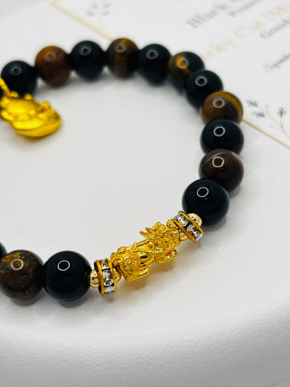 18K Gold Lucky Piyao/ Pi Xiu Obsidian, Tiger Eye Bracelet ( Hollow Empty Inside) SMALL PIYAO