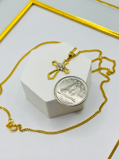 18K Gold Curb Chain with Cross Flower Pendant Set
