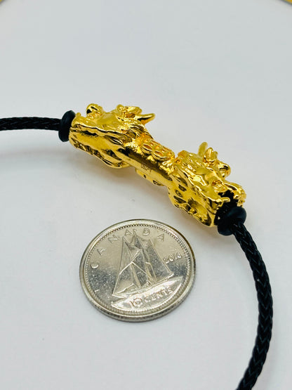 18K Gold  Lucky Dragon Bracelet  ( Hollow Empty Inside) Black Rope XXL