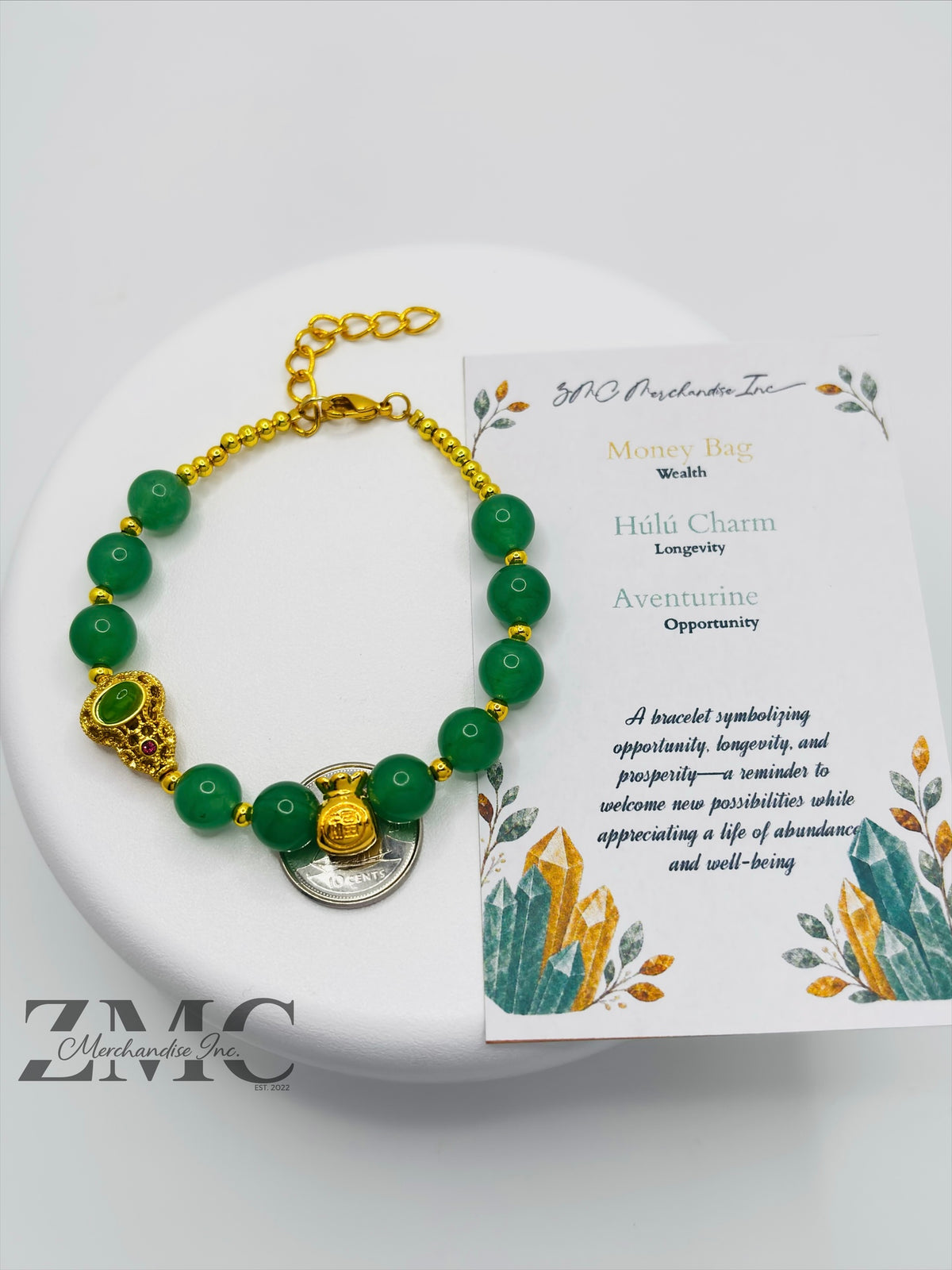 18K Gold  Lucky Money Bag, Hulu Aventurine Stone  ( Hollow Empty Inside)