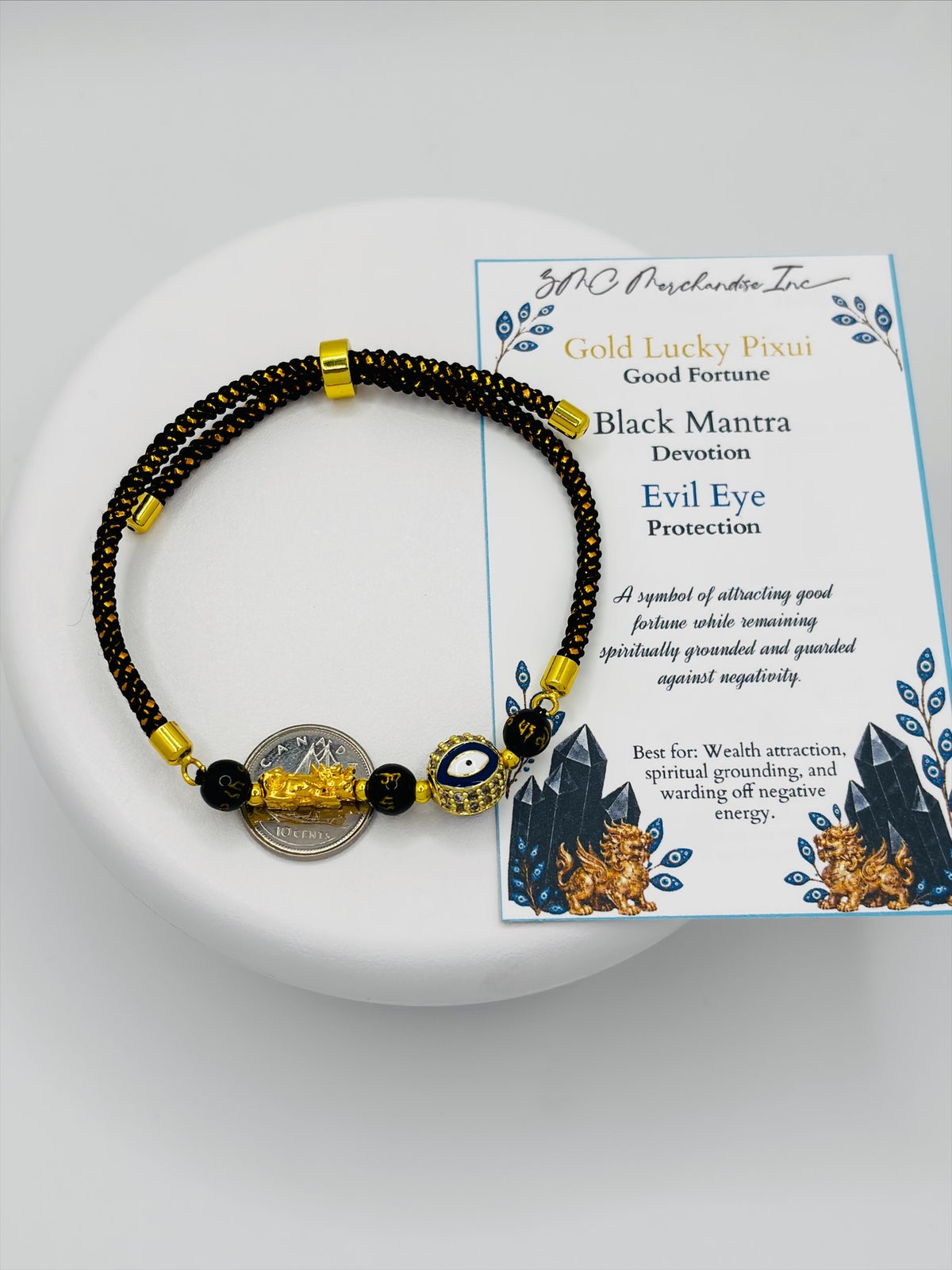 18K Gold Lucky Piyao/ Pi Xiu Evil Eye Black Mantra String Bracelet ( Hollow Empty Inside) Small