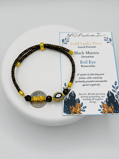 18K Gold Lucky Piyao/ Pi Xiu Evil Eye Black Mantra String Bracelet ( Hollow Empty Inside) Small