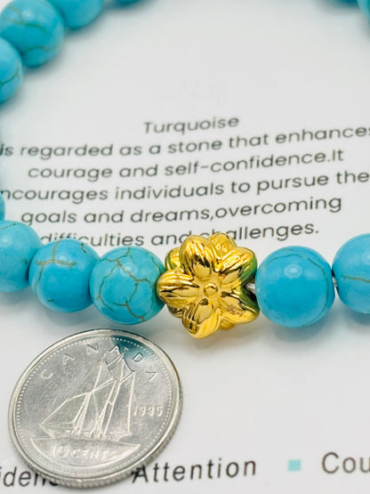 18K Gold Lucky Lotus Flower Bracelet Turquoise Stone ( Hollow Empty Inside)
