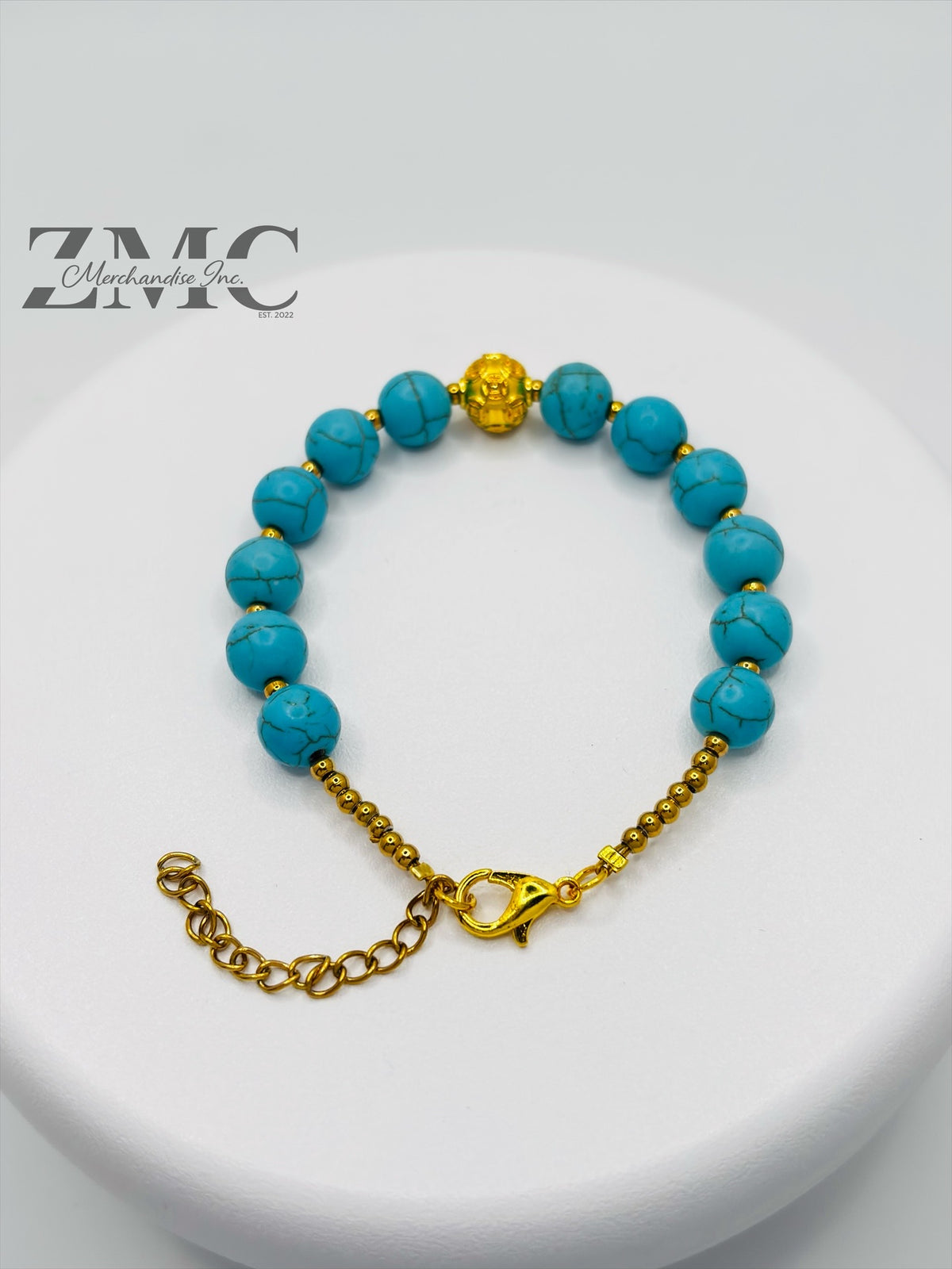 18K Gold  Lucky Money Catcher Ball Blue Turquoise Bracelet  ( Hollow Empty Inside)