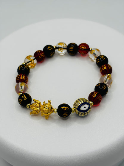 18K Gold Lucky  Koi Fish White/Black/Red Mantra Evil Eye Bracelet  ( Hollow Empty Inside)