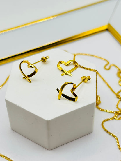 18K Gold Foxtail Chain Necklace with Heart Pendant and Earrings Set