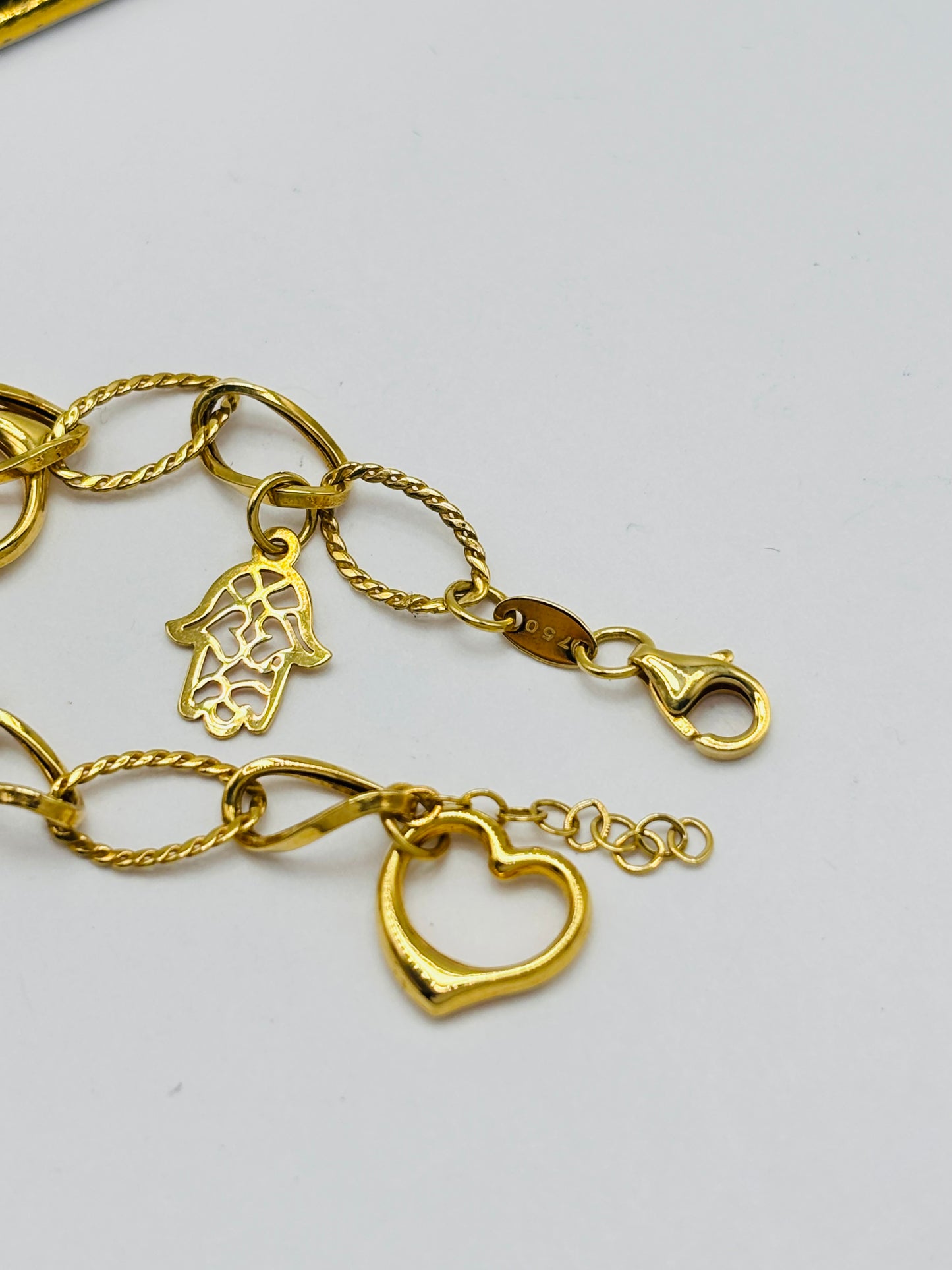 18K Gold with Hamsa, Clover and, Heart Charm Bracelet